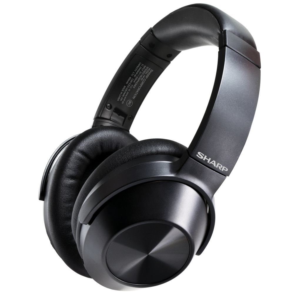 Sleek black Sharp HP-60 wireless over-ear headphones with padded earcups and headband.