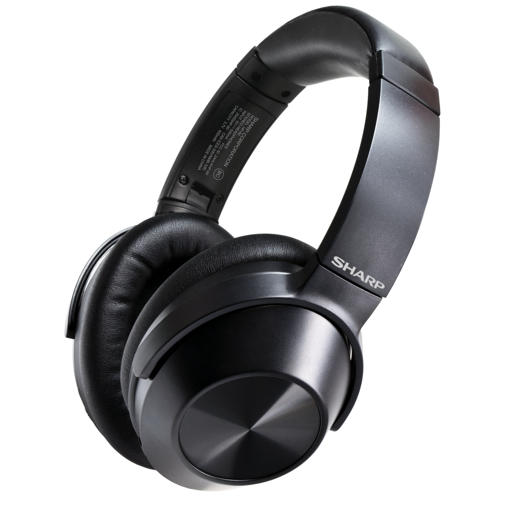 Sleek black Sharp HP-60 wireless over-ear headphones with padded earcups and headband.