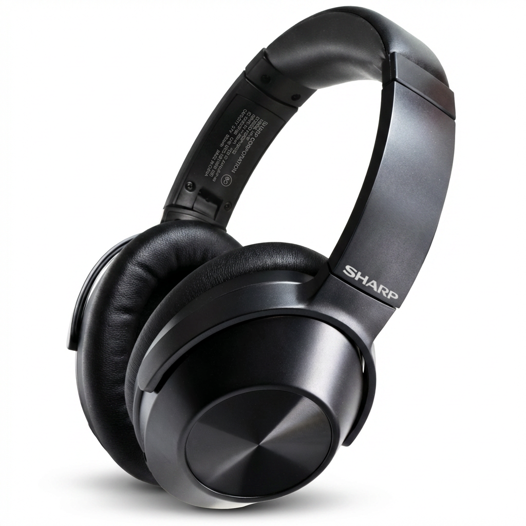 A photorealistic studio product photo of the black Sharp HP-60 headphones, angled to show the left side on a seamless pure white background with a soft shadow.