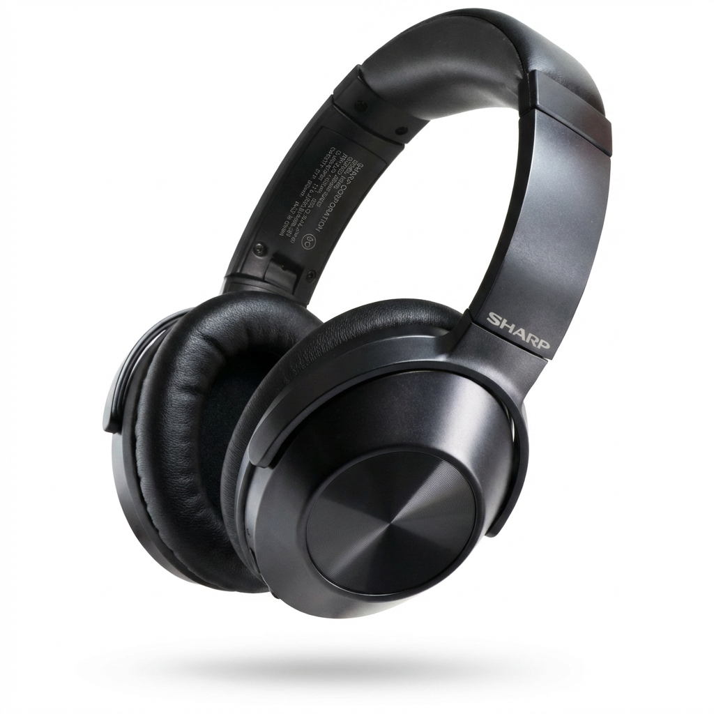 A photorealistic studio photograph of the black Sharp HP-60 over-ear headphones, angled to show the right ear cup, centered on a pure white background with a soft drop shadow.