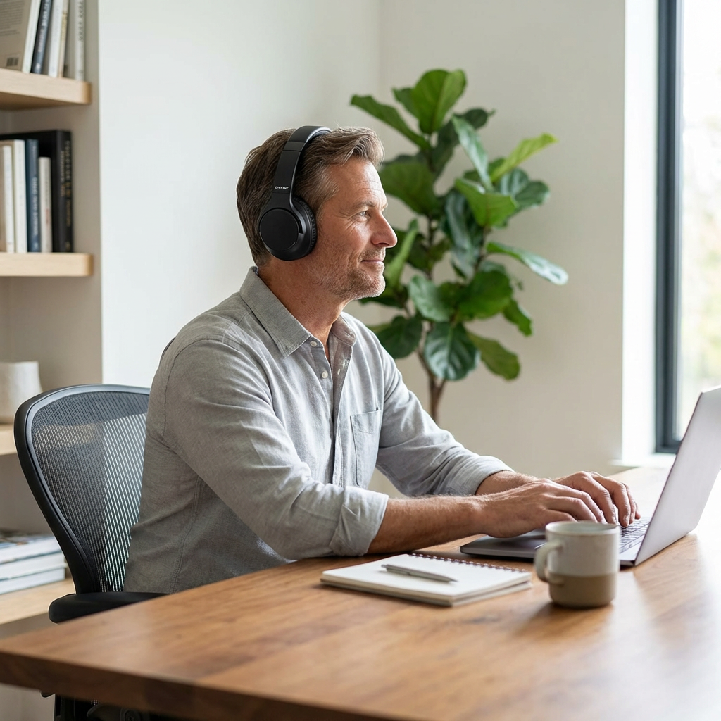 A man in a grey shirt sits at a wooden desk in a home office, wearing the black Sharp HP-60 headphones. He is typing on a laptop and looking out a large window.