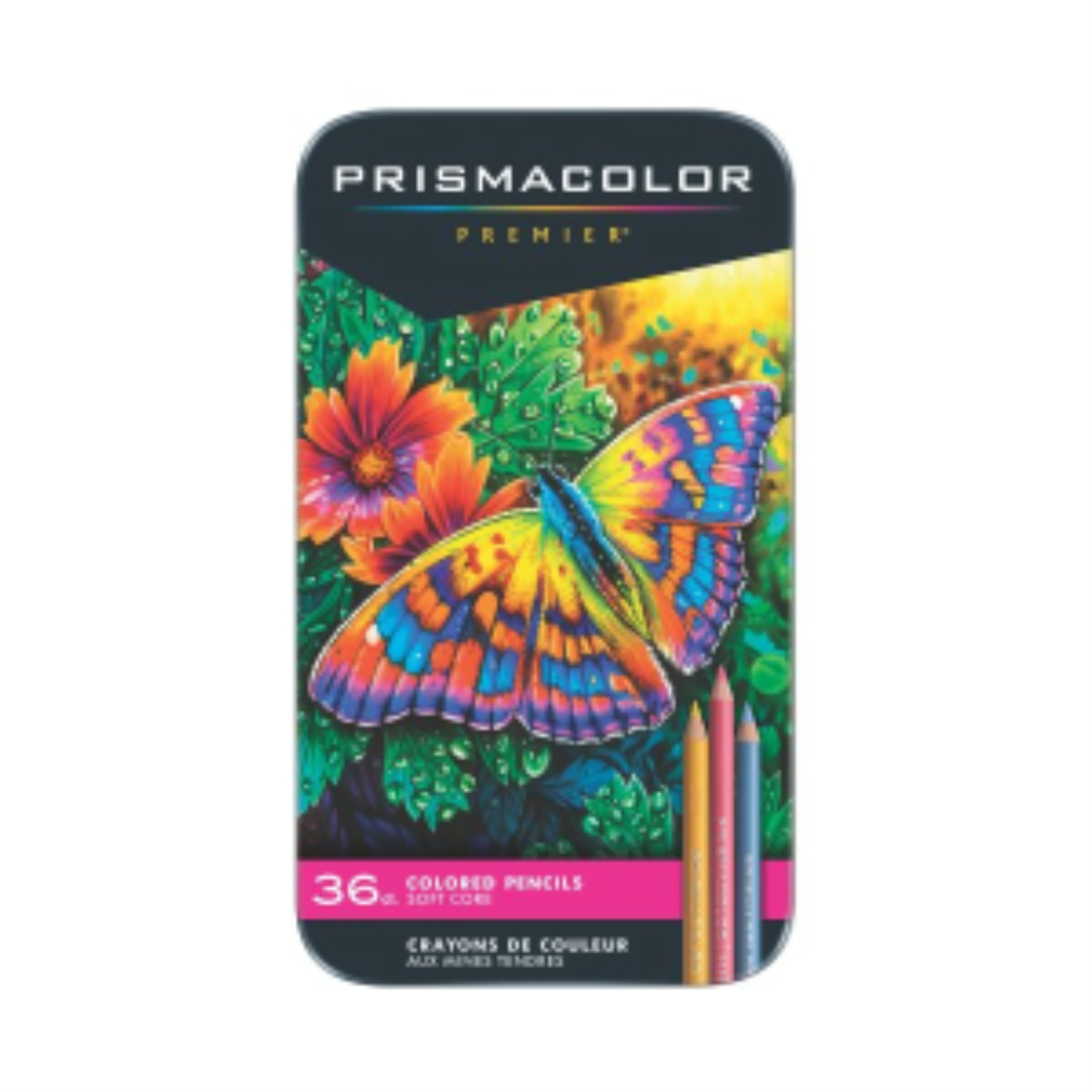 Prismacolor Premier Soft Core 36-count colored pencil tin featuring a colorful butterfly illustration.