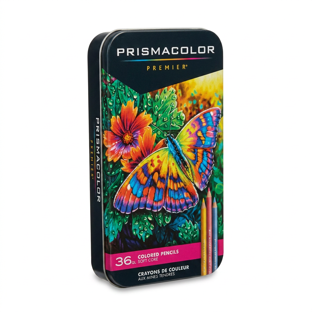 A photorealistic studio product photo of the Prismacolor Premier Coloured Pencils 36 Count tin, angled to show the left side. It is centered on a pure white background with a soft natural shadow underneath. The tin features the butterfly artwork and original text.