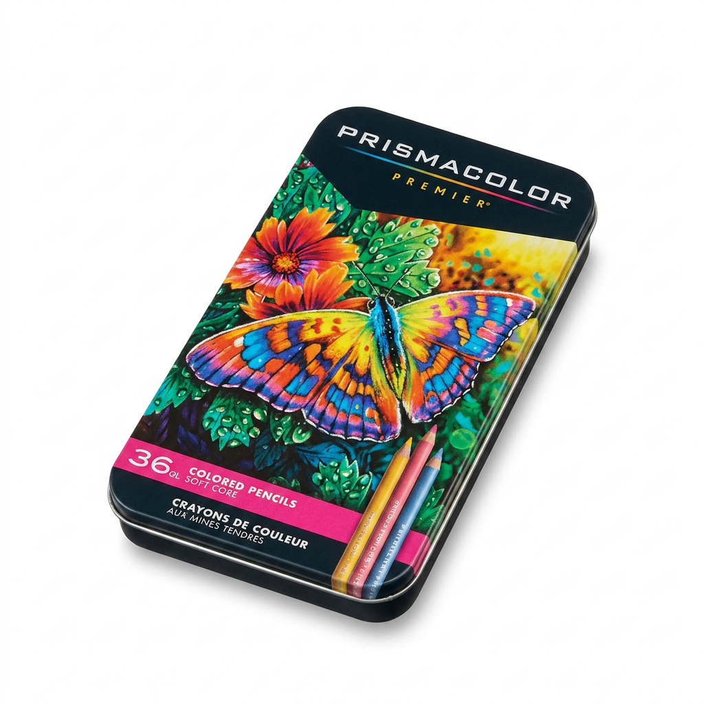 A photorealistic studio photograph of the 36-count Prismacolor Premier Colored Pencils tin, angled and centered on a pure white background with a soft shadow.