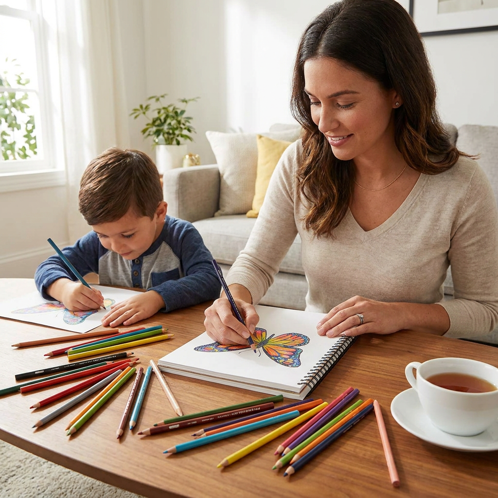 A woman and young boy color together at a wooden coffee table, happily using Prismacolor Premier colored pencils from a set.