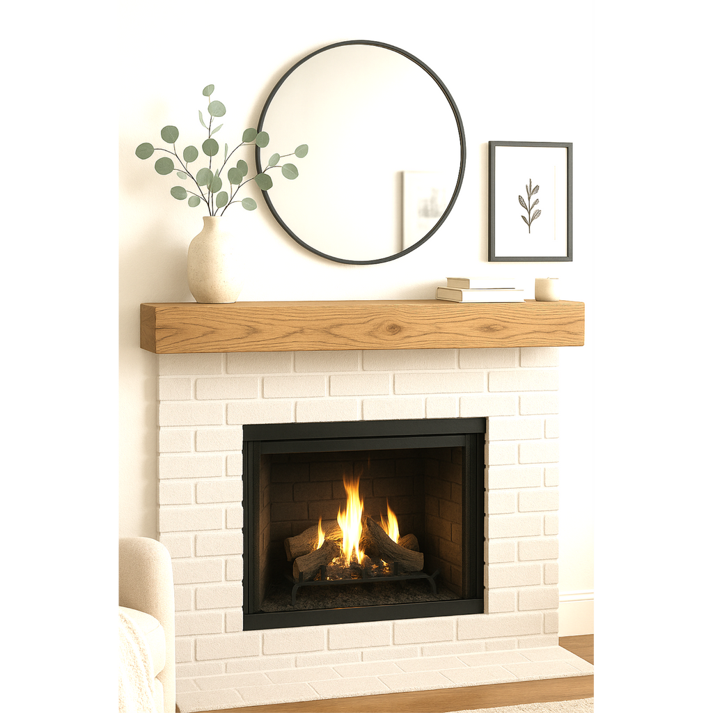 60-inch honey finish floating pine mantel on a white brick fireplace with a decorative mirror above.