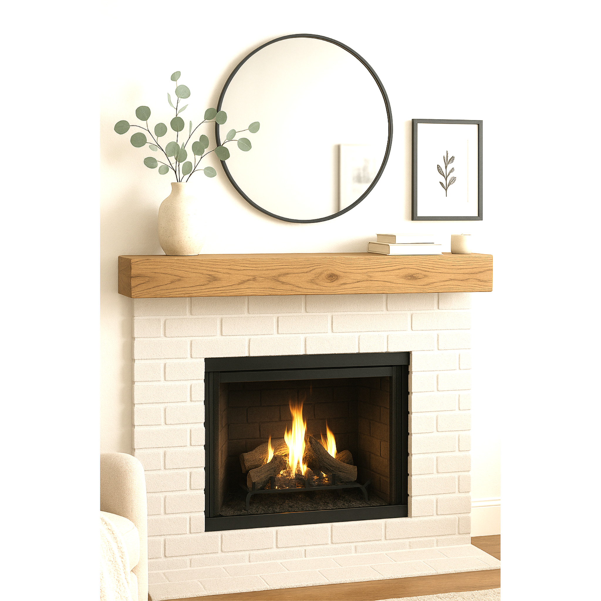 60-inch honey finish floating pine mantel on a white brick fireplace with a decorative mirror above.