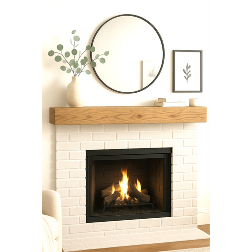 60-inch honey finish floating pine mantel on a white brick fireplace with a decorative mirror above.