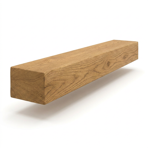A photorealistic studio shot of the Entrepot La Grange inc Floating Beam Fireplace Mantel in honey wood, angled to show its left side and grain on a white background with a soft shadow.