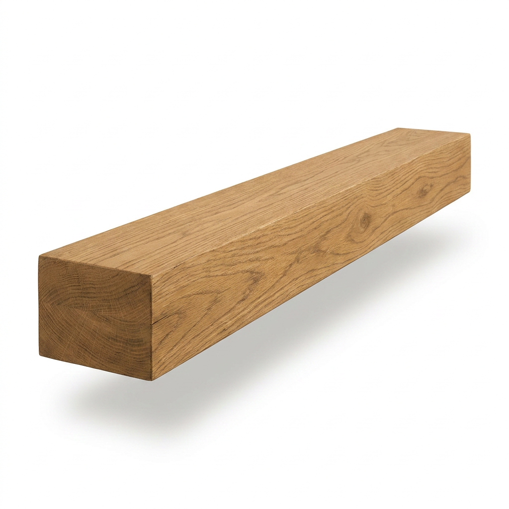 A photorealistic studio photograph of the honey-finished Entrepot La Grange inc floating beam fireplace mantel, angled to show its thickness and right side on a white background.