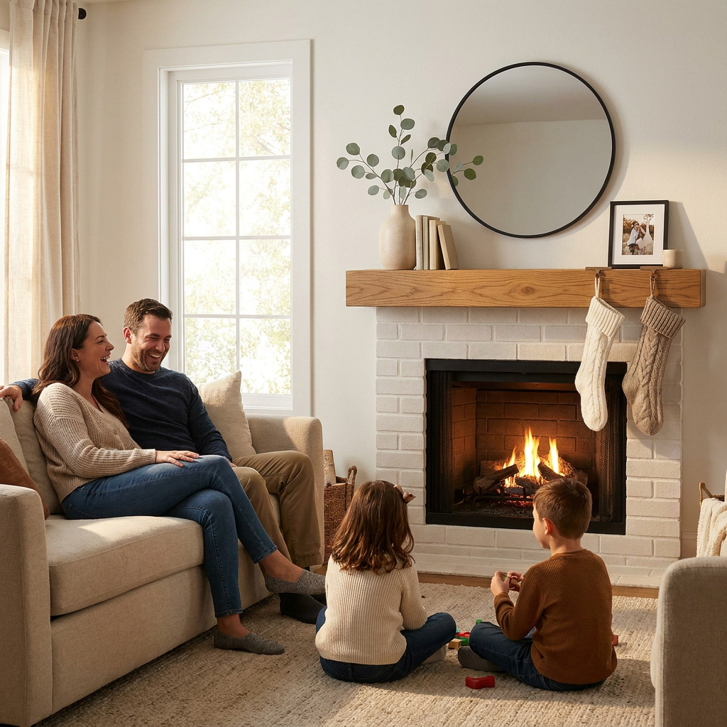 A family of four enjoys a cozy living room scene with the floating wood beam mantel, adorned with stockings and decor, above a white brick fireplace.