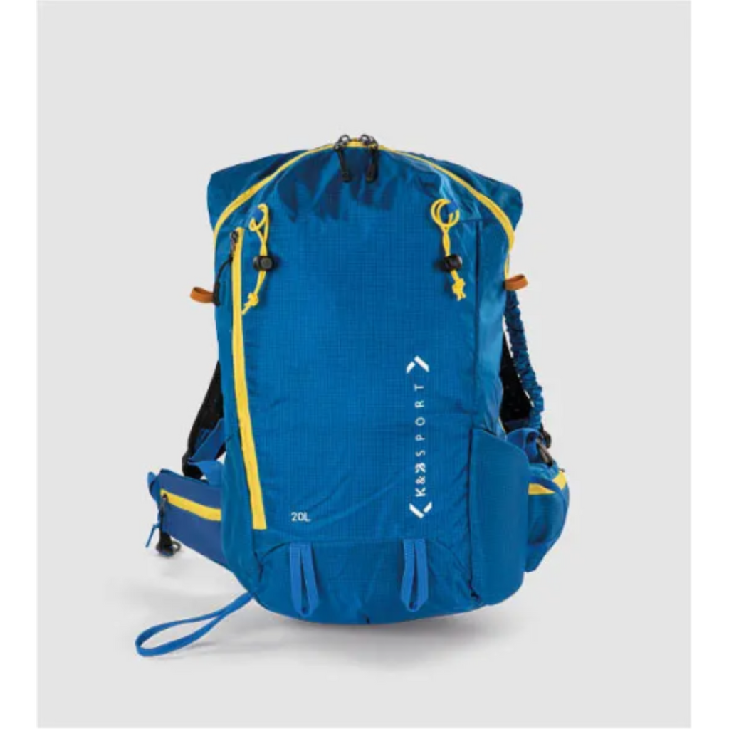 Blue Approach Touring 20L Ski Backpack with yellow accents, ripstop fabric, and multiple straps.
