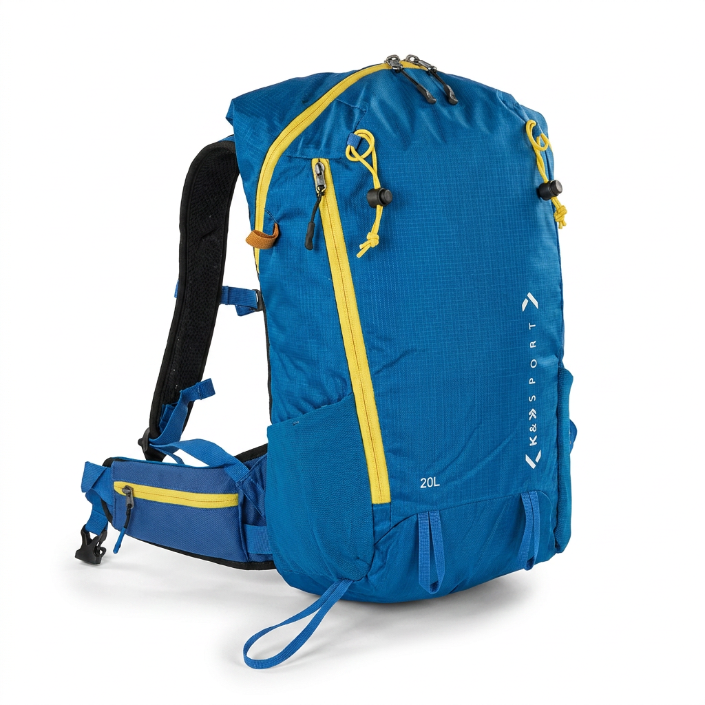 A photorealistic studio shot capturing the Bugatti K&B Approach Touring Ski Backpack from the left side. The blue ripstop bag with yellow accents and "20L" and "K&B SPORT" text is angled on a pure white background with a soft, natural shadow.