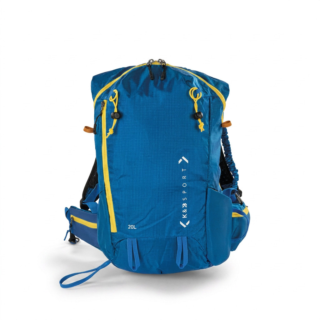 A photorealistic studio photograph of the blue and yellow Bugatti K&B - Approach Touring Ski Backpack on a pure white background.