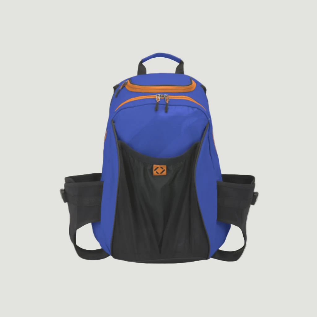 Blue K&B Sport Tremblant Boot Backpack with orange accents and black mesh pockets.