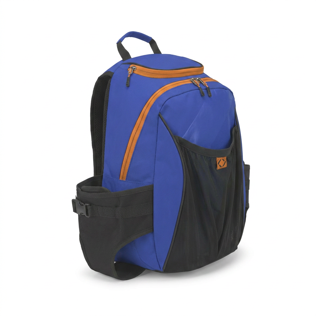 A photorealistic studio photograph of the blue Bugatti K&B Sport Tremblant Boot Backpack, angled to show the left side, against a pure white background with a soft shadow.