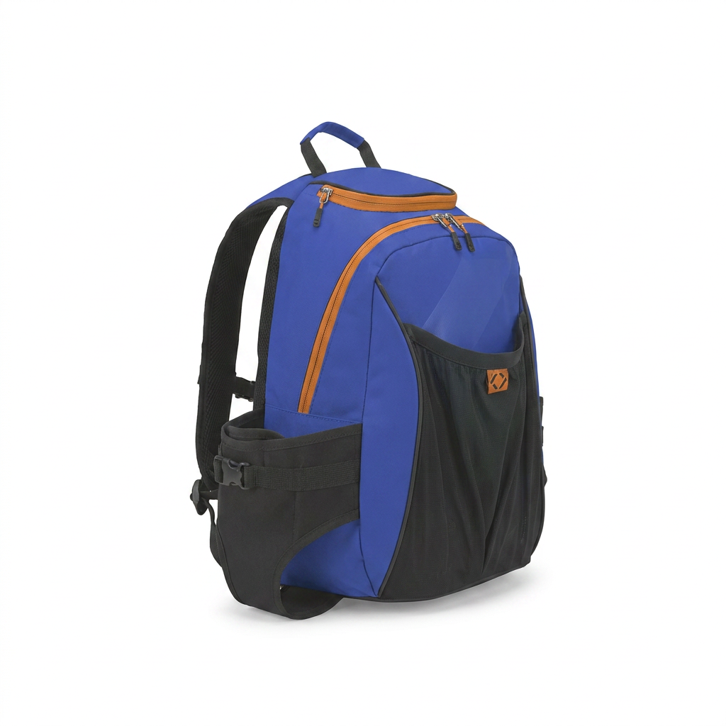 A right-angled studio photo of the blue Bugatti K&B Sport Tremblant Boot Backpack with orange zippers and black mesh pockets.