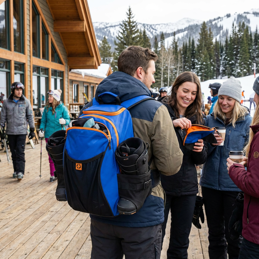 A man on a ski lodge deck wears the blue Bugatti K&B Sport Tremblant Boot Backpack, complete with ski boots in the side holders, while interacting with a group of smiling friends.