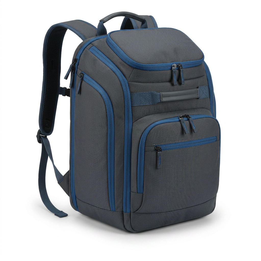 A photorealistic studio photograph of the charcoal and blue Bugatti K&B Sport Junior Copper Backpack, angled to show its left side on a pure white background with a soft shadow.