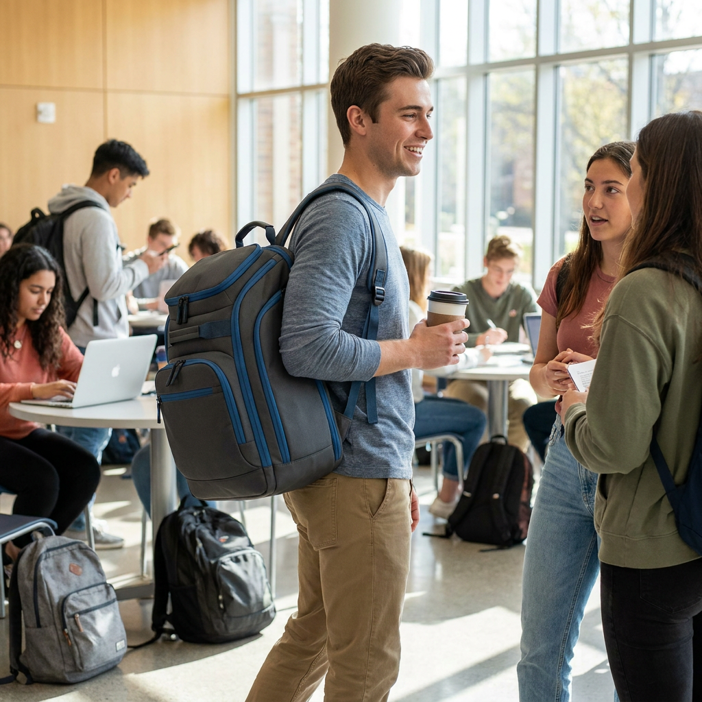 A photorealistic lifestyle image showing a young man in a university setting wearing the Bugatti K&B Sport Junior Copper Backpack (Charcoal/Blue) while talking with two young women.