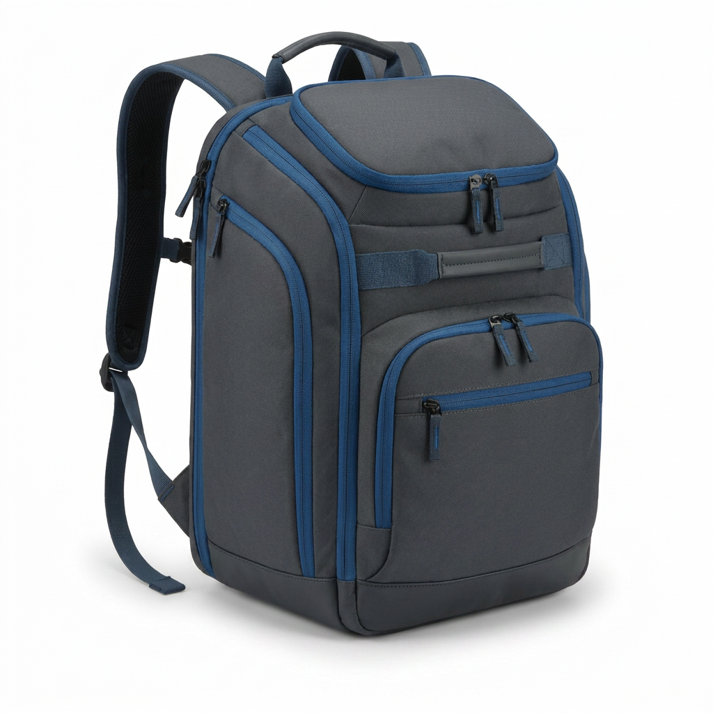 A photorealistic studio product photo of the Bugatti K&B Sport Junior Copper Backpack in charcoal with blue accents, angled to show the front and right side. The backpack is centered on a pure white background with a soft shadow.
