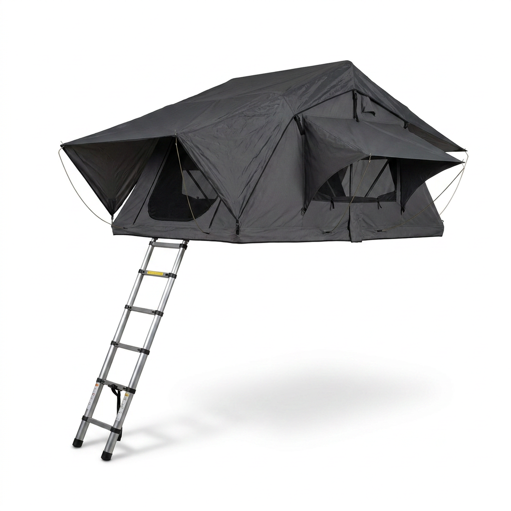 A studio product photo of the Room 1916 K&B Sport - The Deluxe rooftop tent in charcoal grey, shown angled to the left with its ladder extended on a pure white background with a soft shadow.