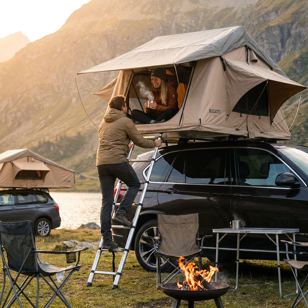 A lifestyle photograph shows a couple camping with the Bugatti K&B Sport rooftop tent. One person is climbing the ladder to join the other inside the tent, set up on a dark SUV by a mountain lake at sunset. Another vehicle with a similar tent is in the background.