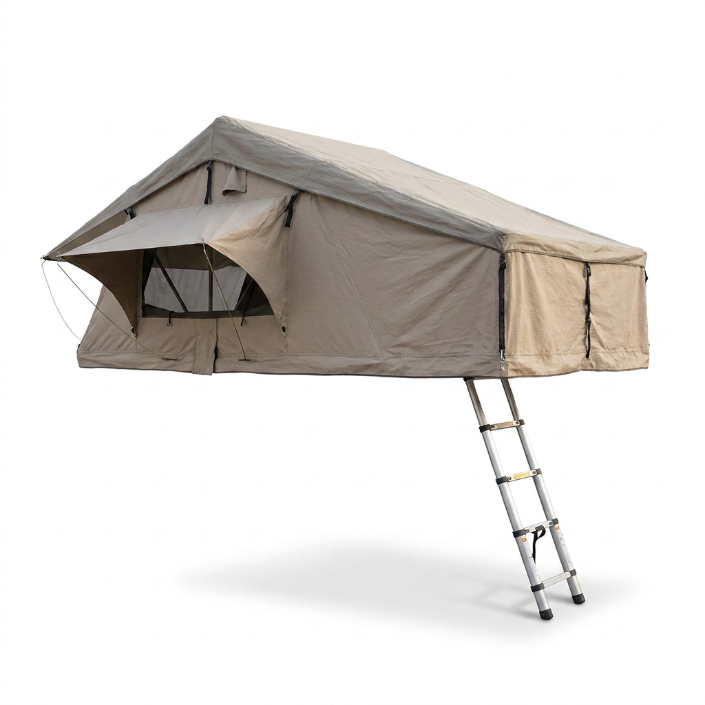 A studio product photograph of the tan and charcoal Bugatti K&B Sport - The Deluxe rooftop tent on a pure white background, angled from the right side.