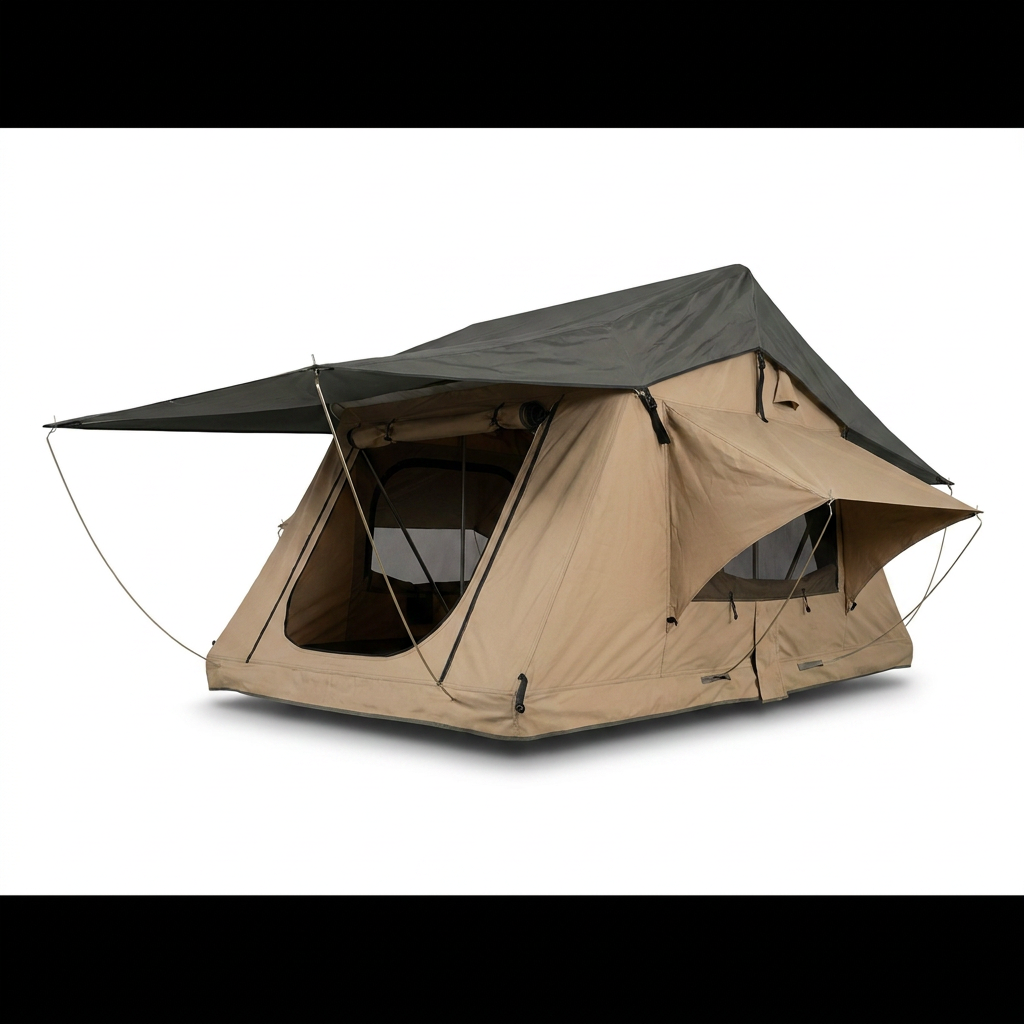 A photorealistic studio product shot of the open Bugatti K&B Sport - The Deluxe roof top tent, angled to show the left side, against a pure white background with a soft shadow.
