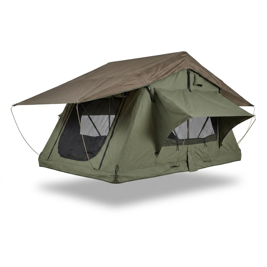 A photorealistic studio photograph of the green and brown Bugatti K&B Sport rooftop tent, angled to show its right side, centered on a pure white background with a soft shadow underneath.