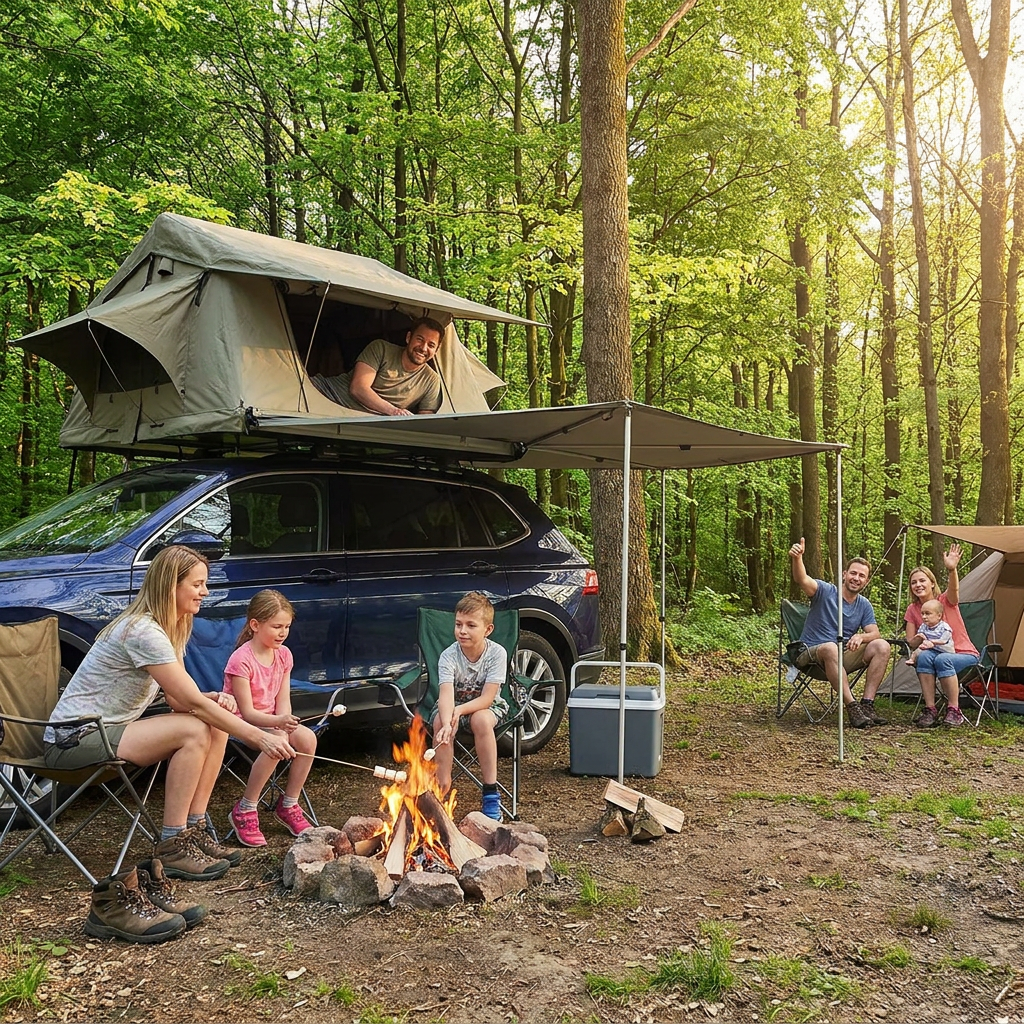 A family of five happily uses the Bugatti K&B Sport rooftop tent and awning during a camping trip in a forest, with another family nearby.