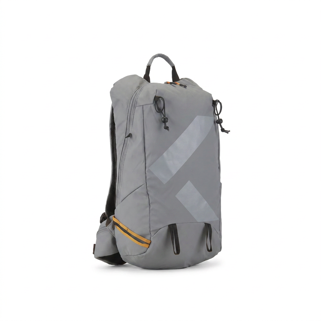 A photorealistic studio product photo of the Bugatti K&B Sport Rogers Touring Backpack in grey, angled to the left, on a pure white background with a soft shadow.