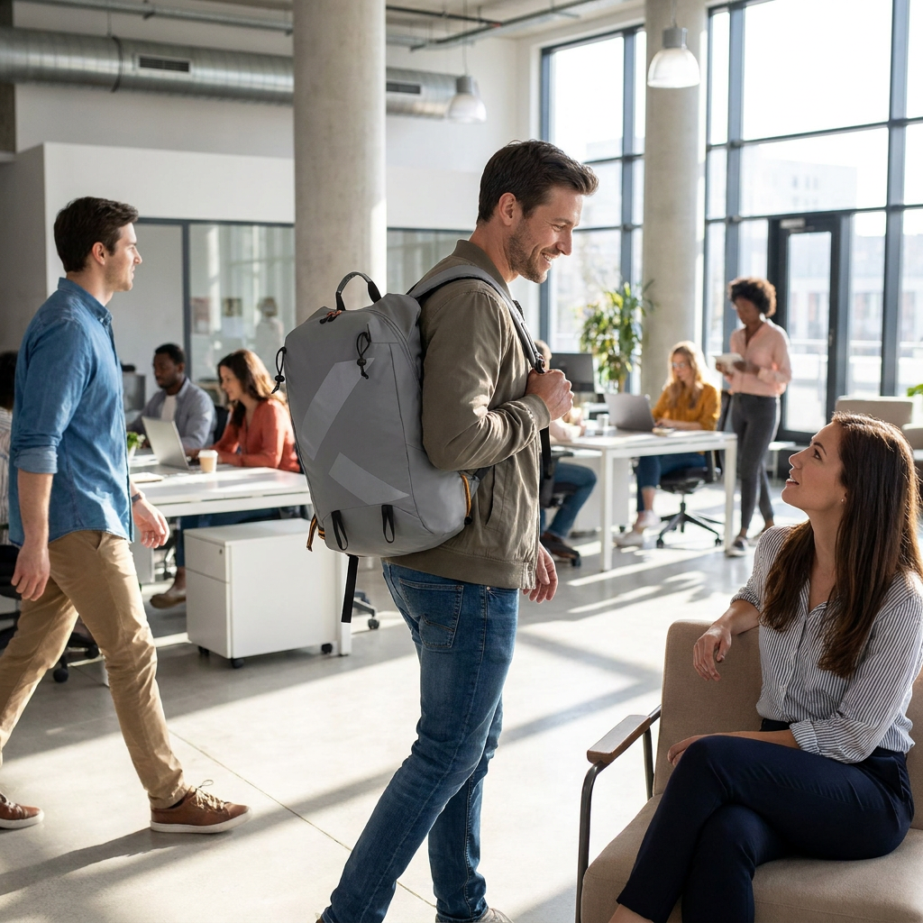 A photorealistic image showing a man wearing the grey Bugatti K&B Sport Rogers Touring Backpack in a busy, modern office.