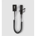 Black 7mm TPU coiled SUP ankle leash (10ft) with padded cuff and rail saver against a gray background.