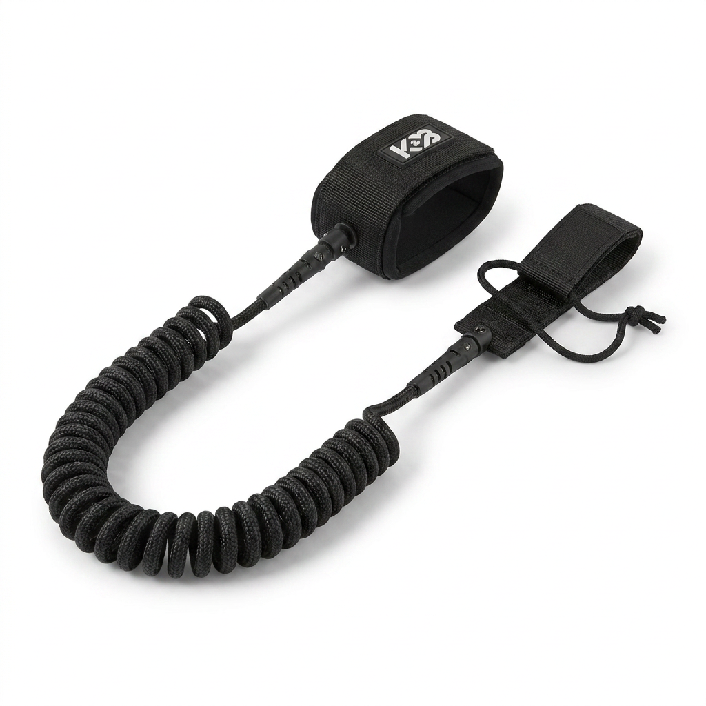 A studio shot of the black K&B Sport coiled paddle foot leash on a white background, angled left.