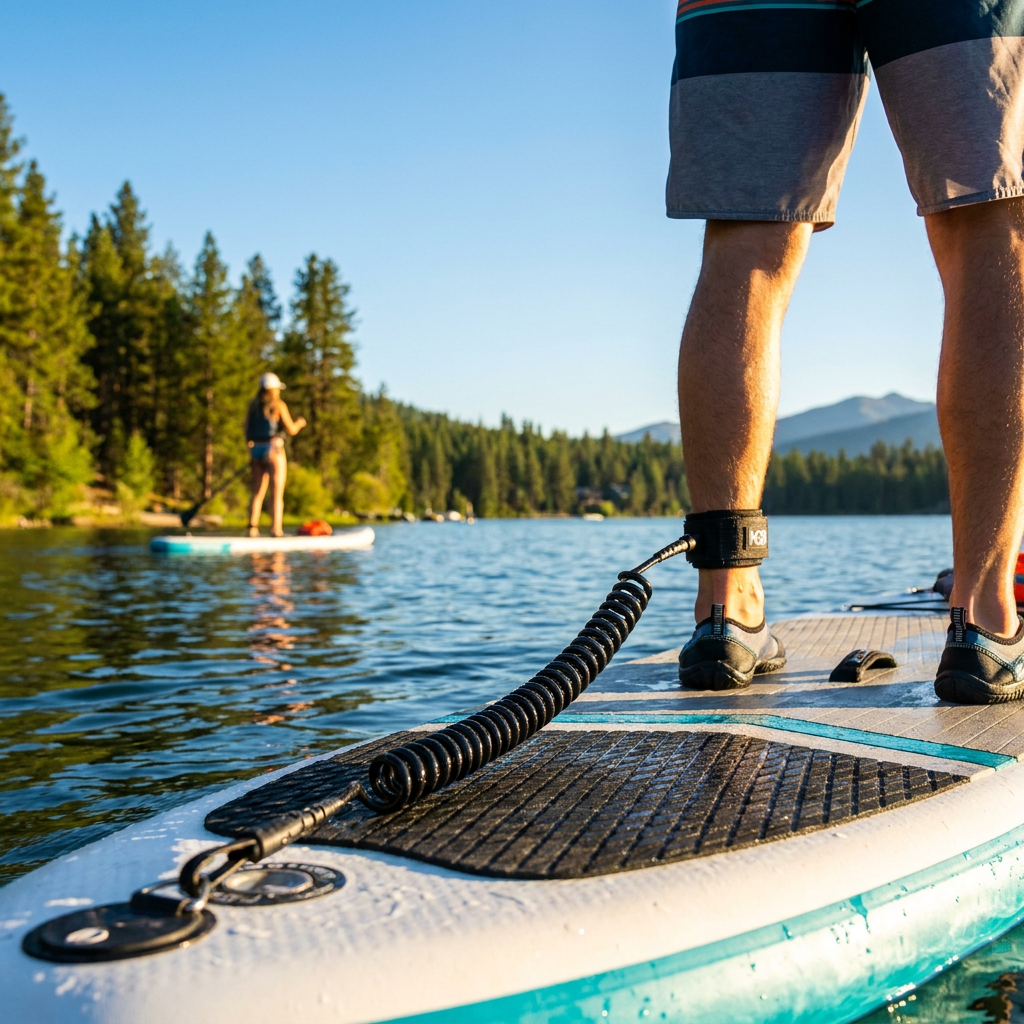 A photorealistic lifestyle photograph showing a man's ankle with the black coiled KS paddle foot leash from the reference image. The cuff is around his ankle and the coil is attached to the paddleboard under natural sunlight on a lake. Another paddleboarder is in the background.