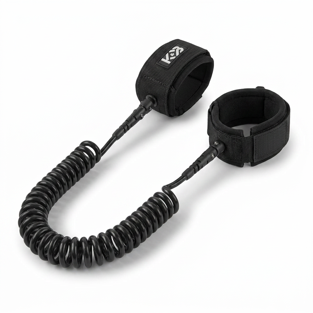 Photorealistic studio product photo of the black Bugatti K&B Sport Coiled Paddle Foot Leash on a pure white background. The leash is angled to the right, showcasing its coiled cord, ankle cuff with K&B logo, and paddle cuff. A soft shadow grounds the item.