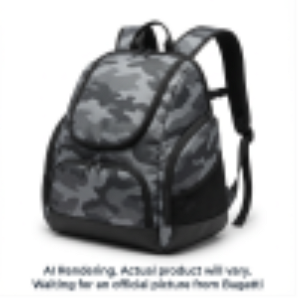 Junior Panorama Boot Backpack in grey camouflage with multiple zippered compartments and straps.