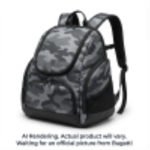 Junior Panorama Boot Backpack in grey camouflage with multiple zippered compartments and straps.