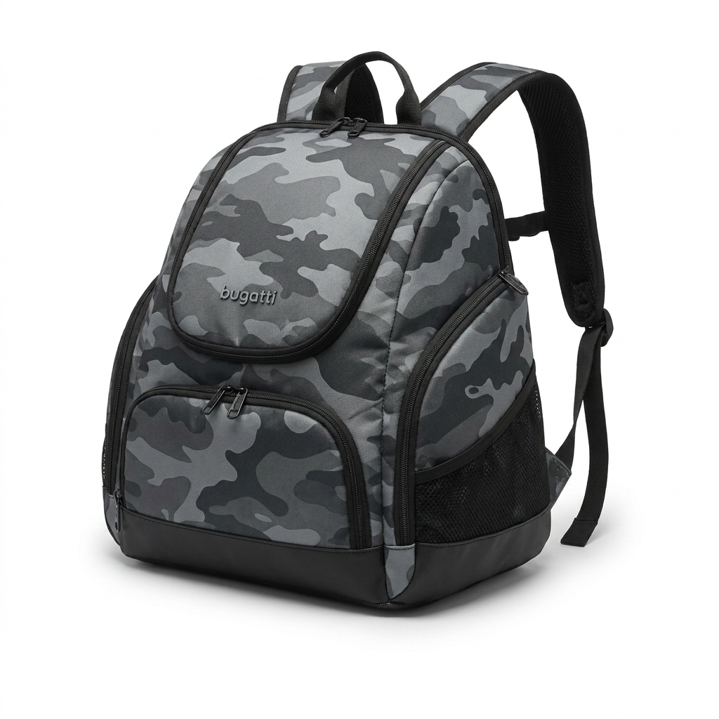 A photorealistic studio photograph of the Bugatti K&B Sport Junior Panorama Boot Backpack in grey camouflage, angled to show the front and right side on a pure white background with a soft shadow.