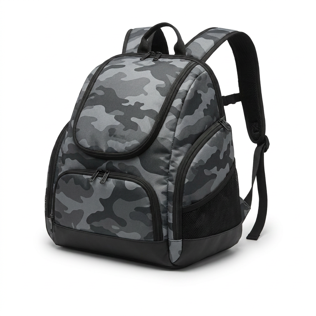 A photorealistic studio photograph of the grey camo Bugatti Junior Panorama Boot Backpack, angled left on a white background.