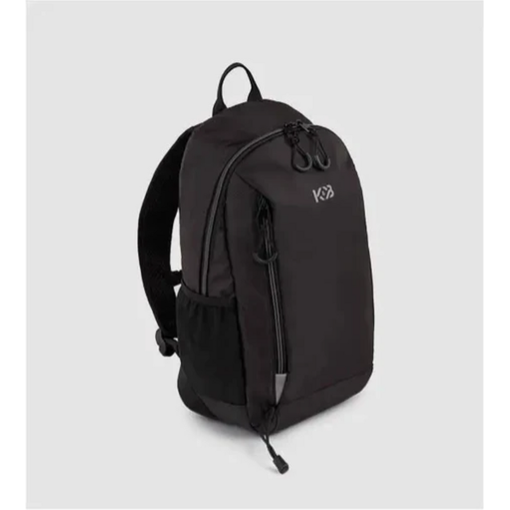 Black 10L K&B Sport Mini Adventure Backpack with reflective logo and mesh side pocket.