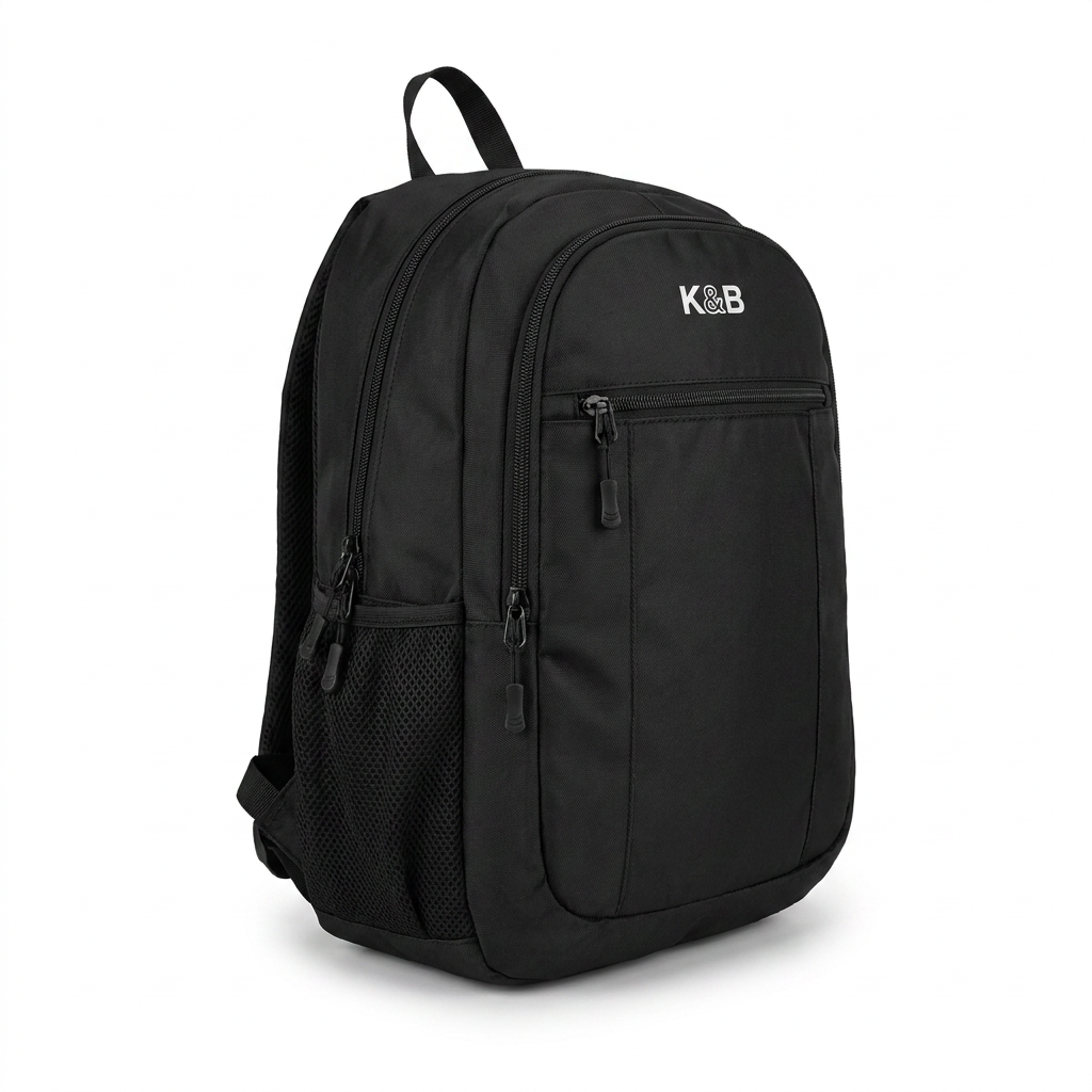 Photorealistic studio photo of the black Bugatti K&B Sport Mini Adventure Backpack, angled to show its left side and the mesh pocket on a pure white background with a soft shadow.