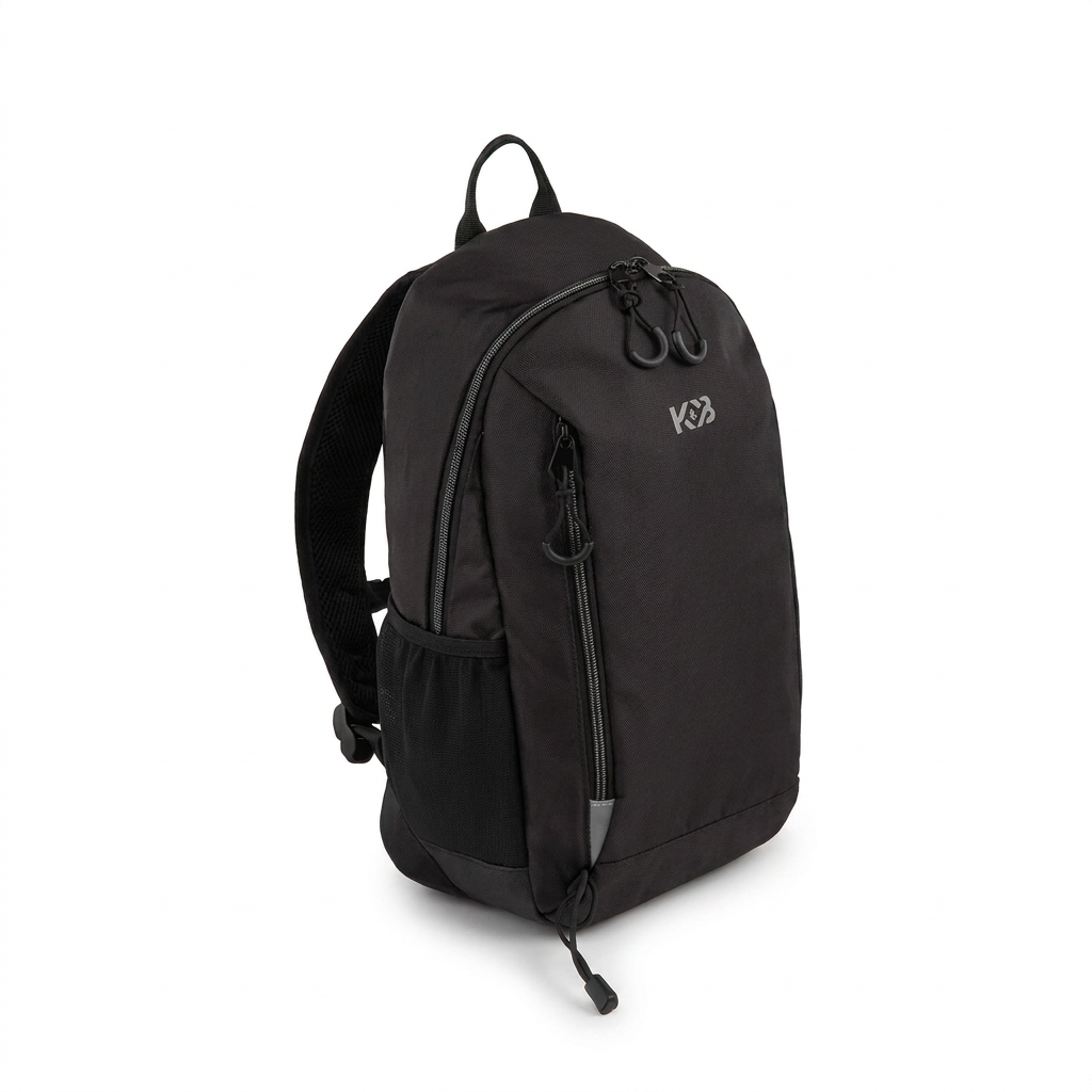 A photorealistic studio photo of a black Bugatti K&B Sport Mini Adventure Backpack on a pure white background with a soft natural shadow.