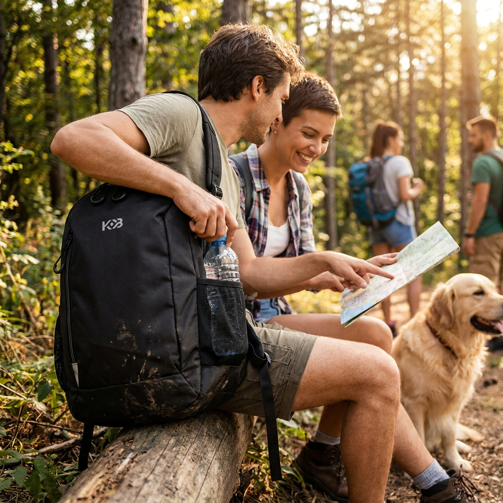 A couple on a sunny forest hike takes a break; the man reaches for a water bottle from the side pocket of the Bugatti K&B Sport - Mini Adventure Backpack, which is resting on a log.