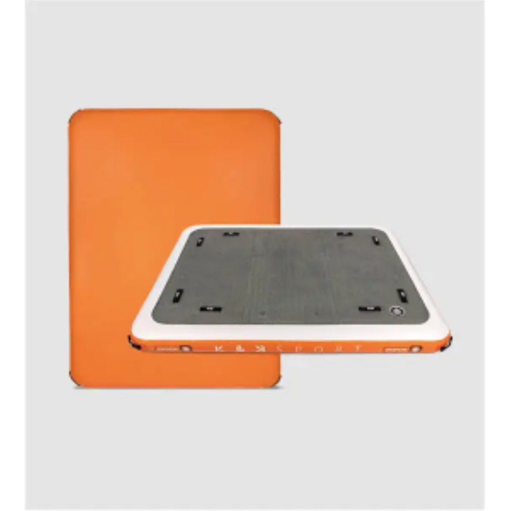 K&B Sport inflatable floating dock with a grey top deck and orange accents, shown from two angles.