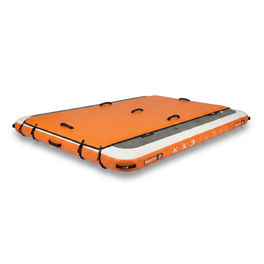 A photorealistic studio shot of the orange and grey Bugatti K&B Sport inflatable floating dock, angled from the left on a white background.