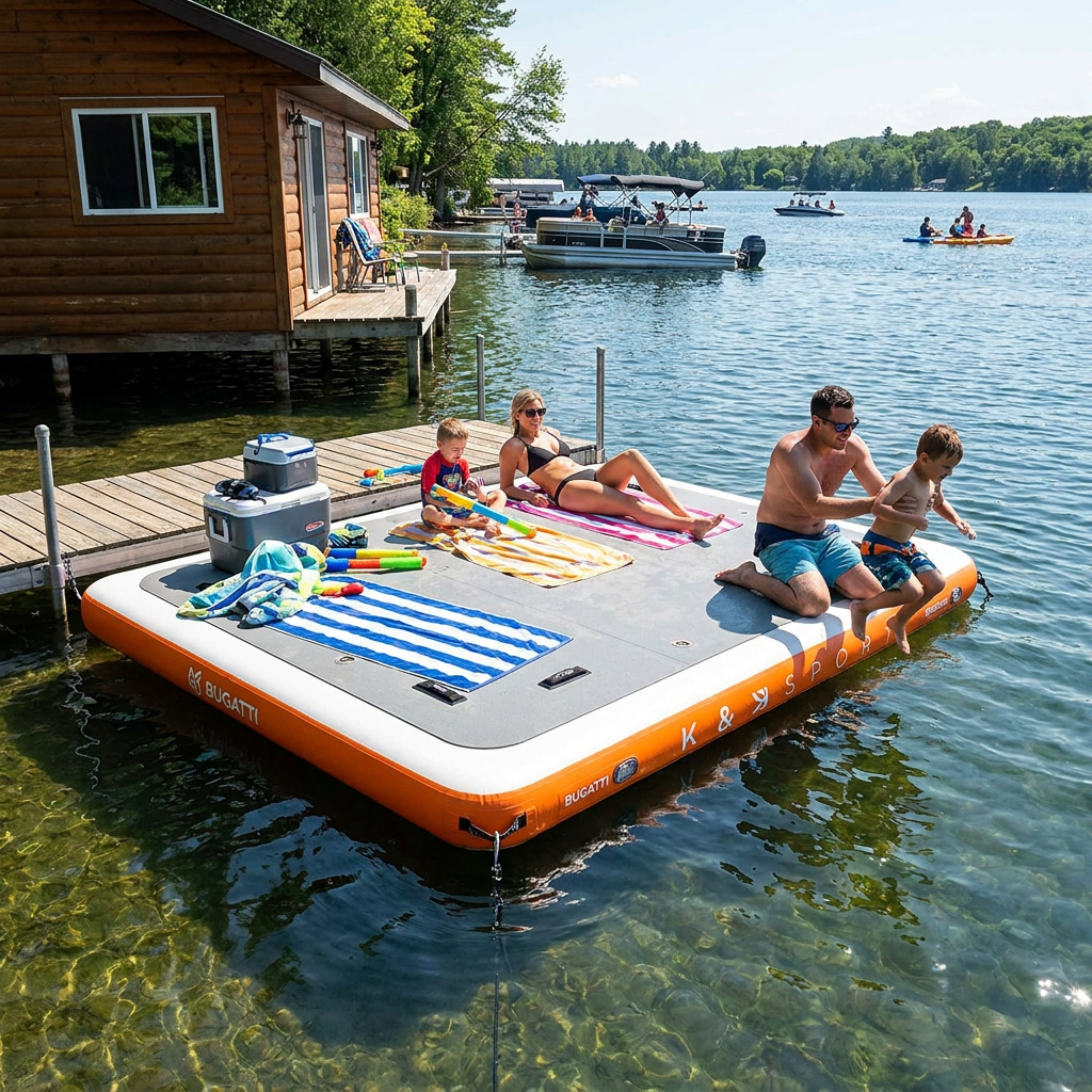 A family enjoys the Bugatti K&B Sport inflatable floating dock on a sunny lake.