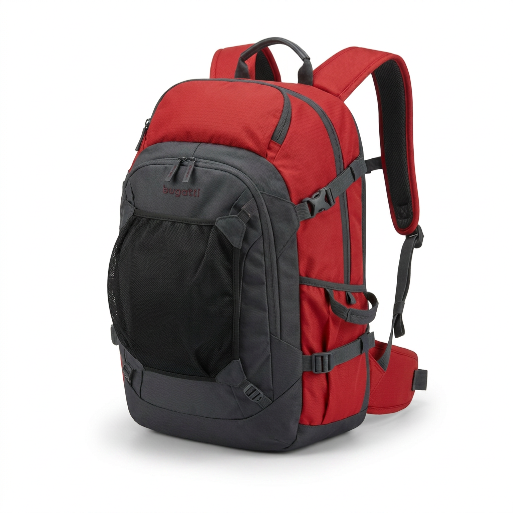 A photorealistic studio product image of the Bugatti K&B Sport Whistler Boot Pack in red and charcoal, angled to show the right side and front on a pure white background with a soft shadow.