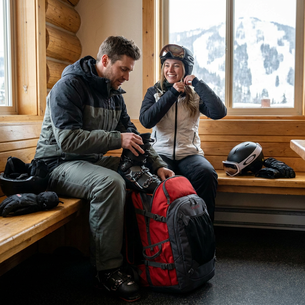 A couple inside a ski lodge, with a man storing a boot in the red and charcoal Bugatti Whistler Boot Pack.